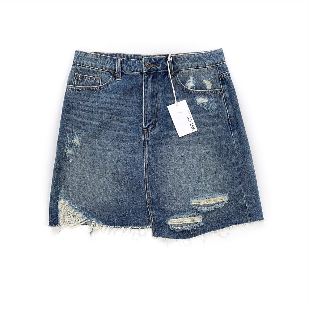 Vervet Skirt Women Medium (30W) Blue Denim Mini Distressed Raw Hem Claudia NWT